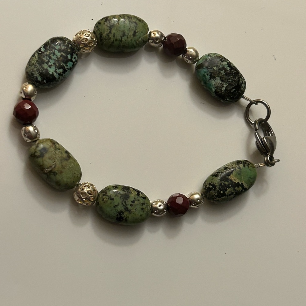 Hand Crafted African Turquoise, Mookaite W/Silver Beads Bracelet